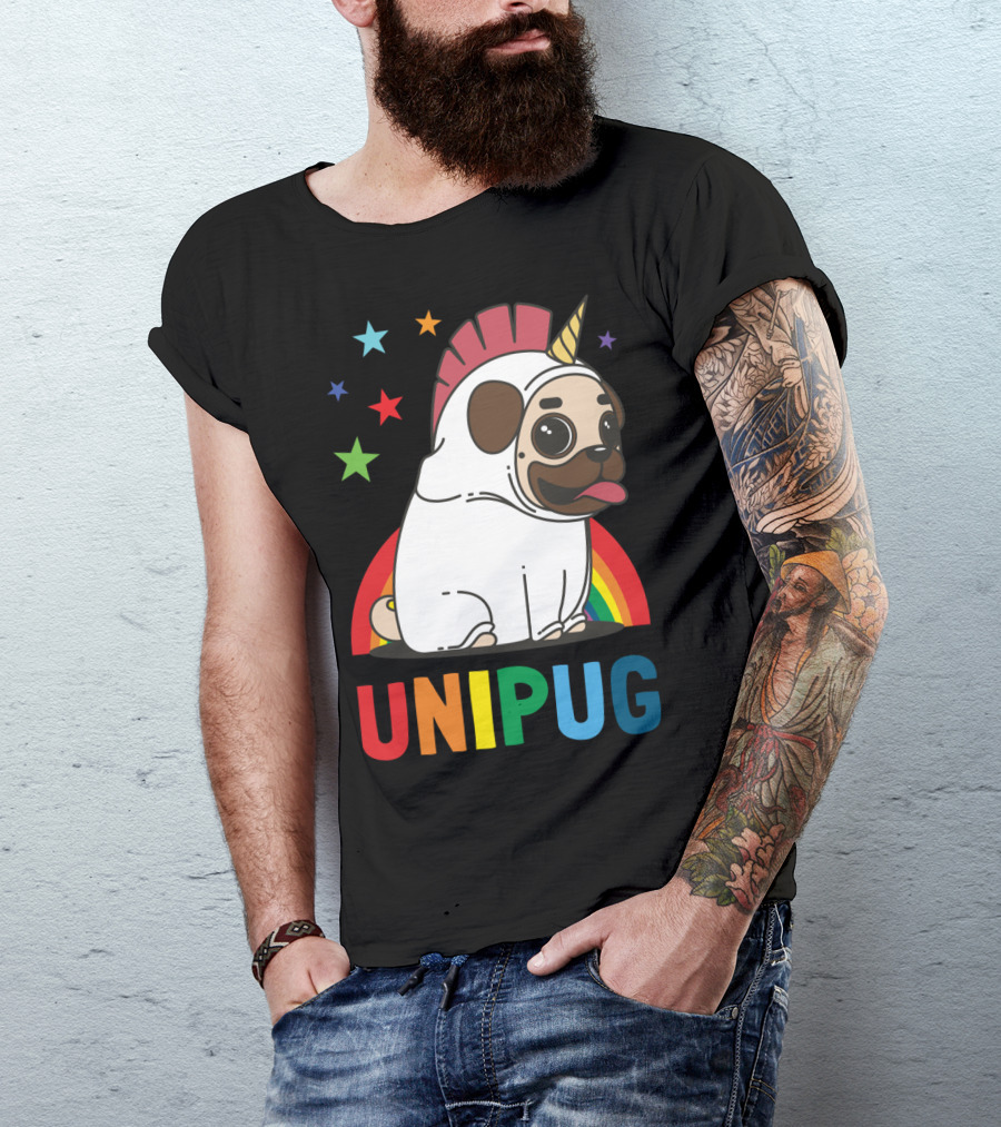 UNIPUG Rainbow Unicorn Pug Dog With Stars T-Shirt