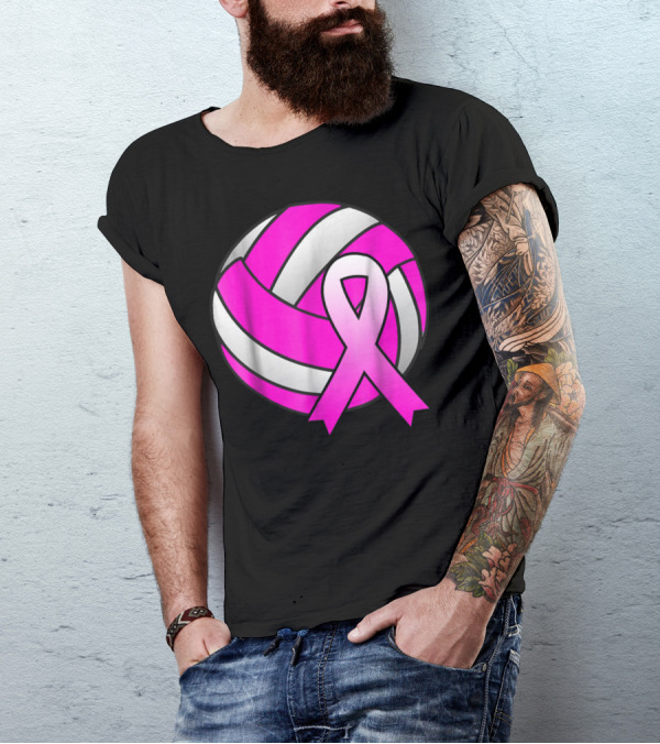 Volleyball Pink Ribbon Breast Cancer Awareness Symbol On Ball T-Shirt