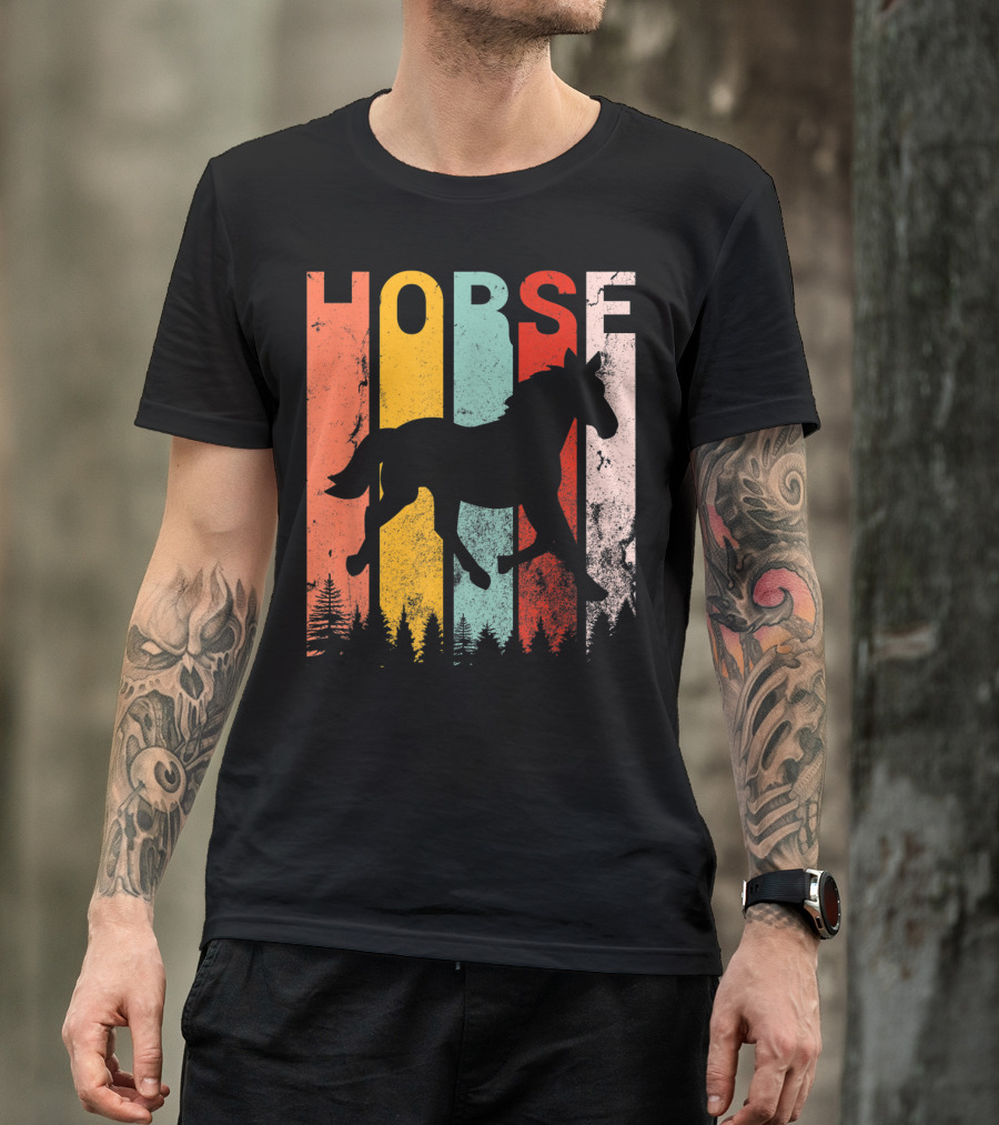 Vintage Style Horse Lover Silhouette With Colorful Stripes And Forest T-Shirt