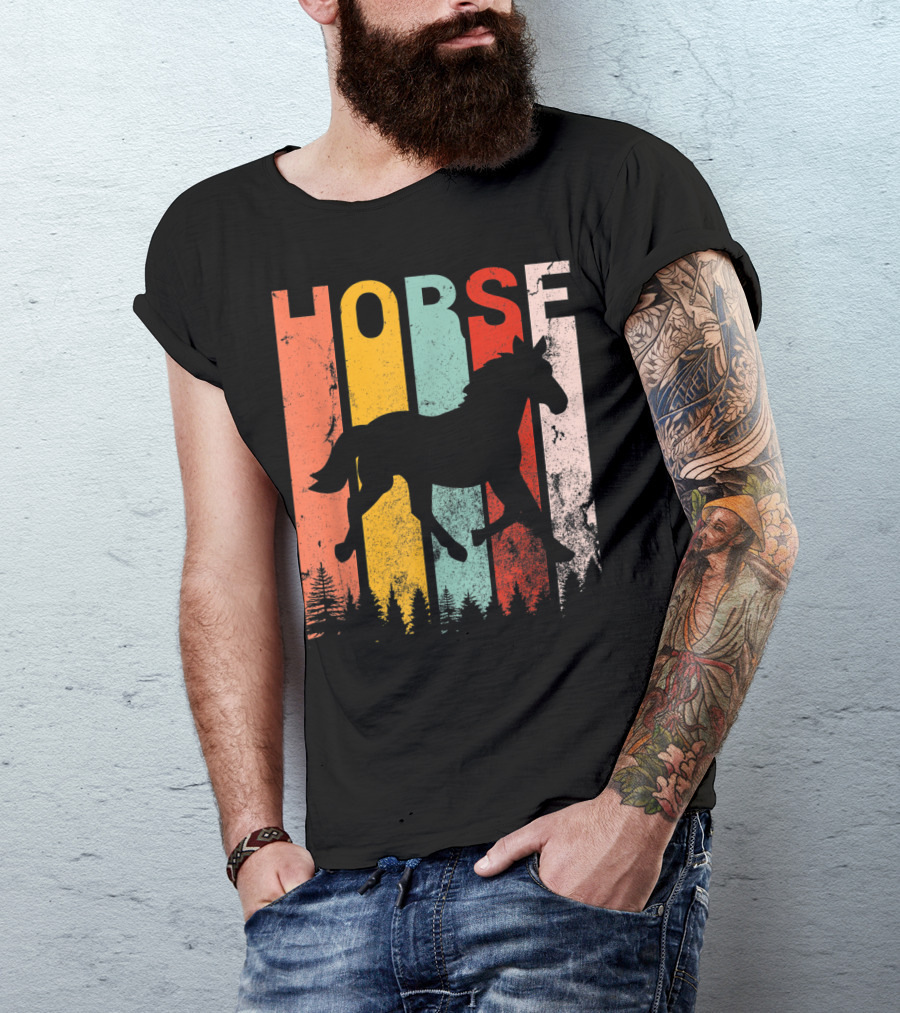 Vintage Style Horse Lover Silhouette With Colorful Stripes And Forest T-Shirt