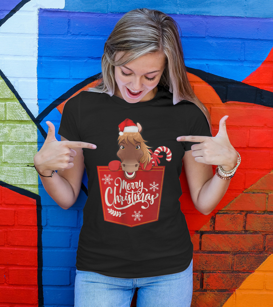 Merry Christmas Santa Hat Horse Candy Cane Funny Pocket T-Shirt