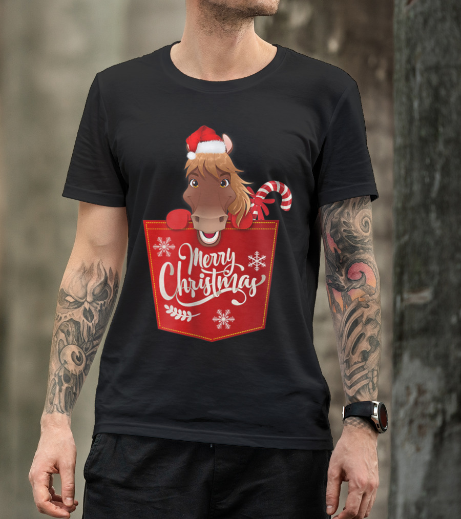 Merry Christmas Santa Hat Horse Candy Cane Funny Pocket T-Shirt