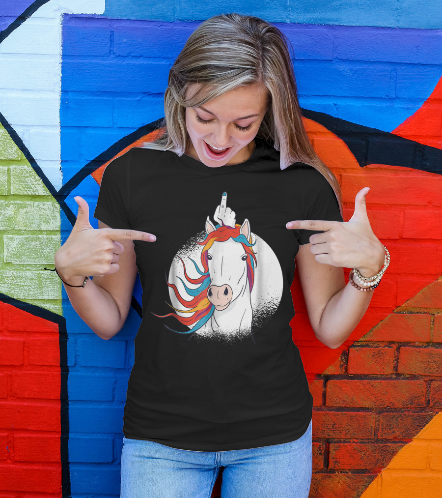Funny Horse Unicorn Middle Finger Rainbow Mane T-Shirt