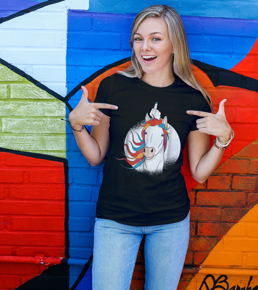 Funny Horse Unicorn Middle Finger Rainbow Mane T-Shirt