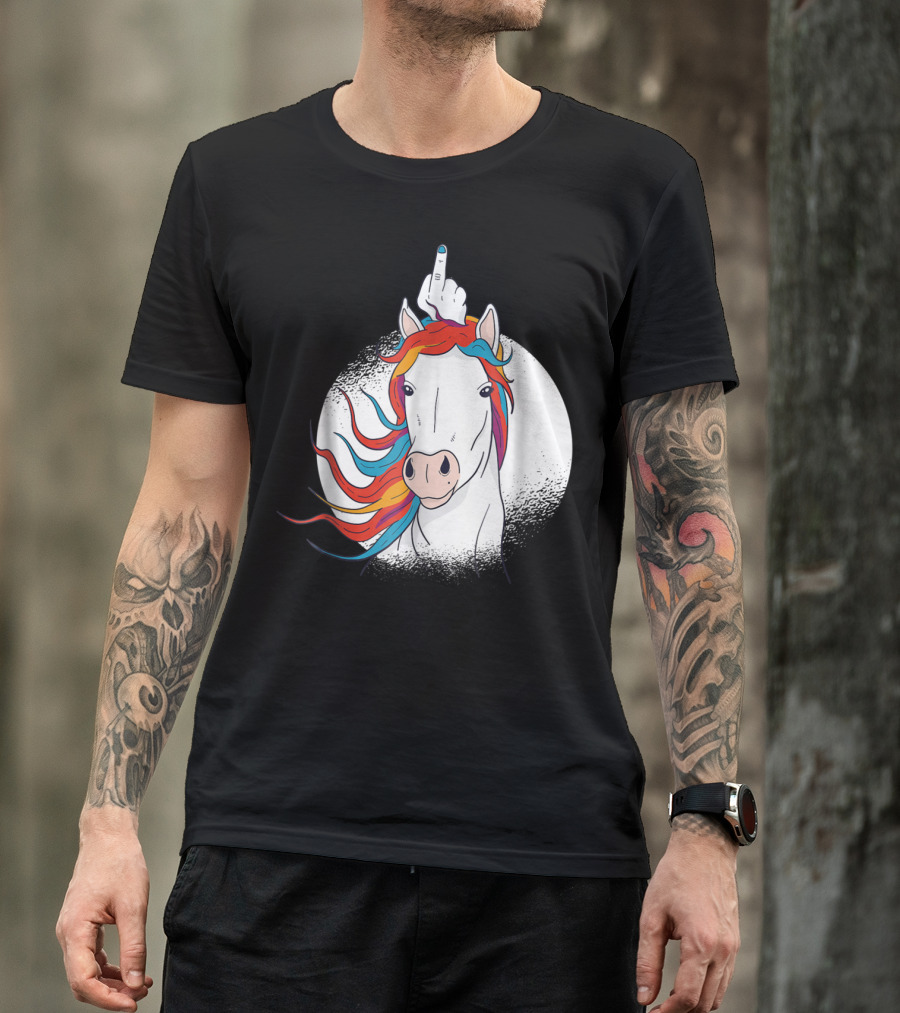 Funny Horse Unicorn Middle Finger Rainbow Mane T-Shirt