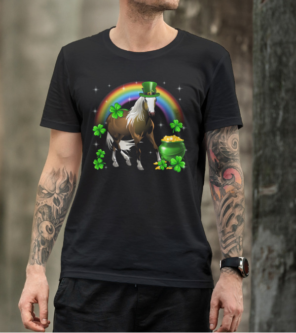 Lucky St Patricks Day Horse With Shamrocks And Rainbow T-Shirt