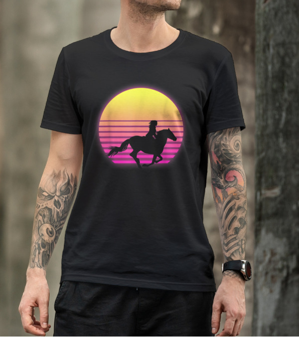 Vintage Sunset Girl Horse Riding Silhouette Retro Cool Horse T-Shirt