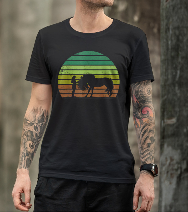 Girl And Horse Silhouette Sunset Stripes T-Shirt