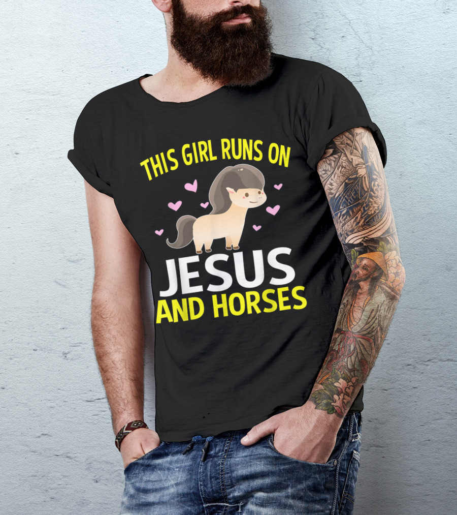 This Girl Runs On Jesus And Horses Hearts Cute Horse T-Shirt
