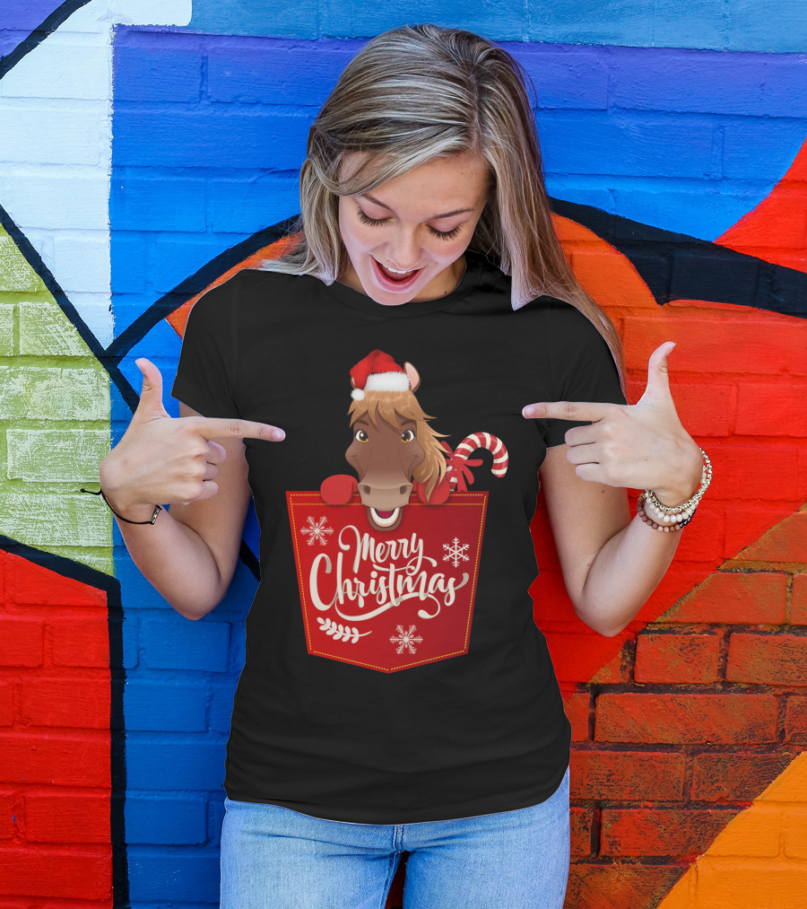 Funny Horse In Santa Hat With Candy Cane Merry Christmas Crewneck T-Shirt