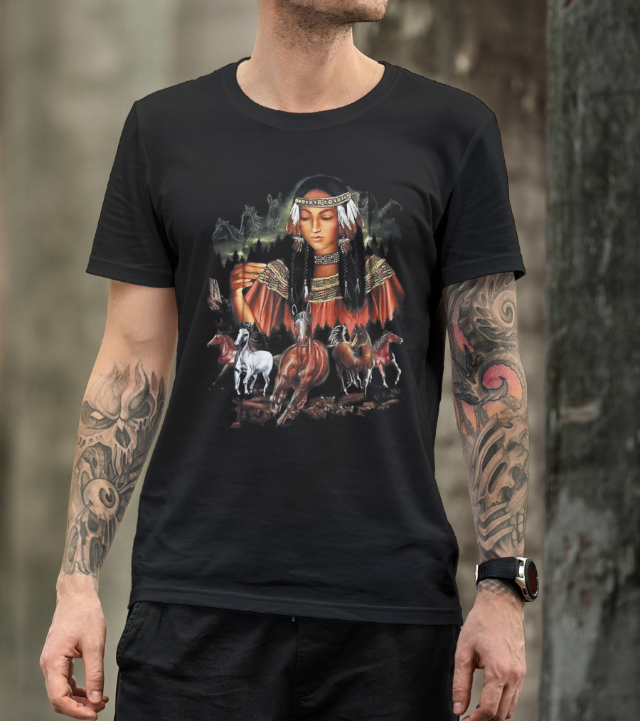Native American Girl With Horses And Tribal Elements T-Shirt