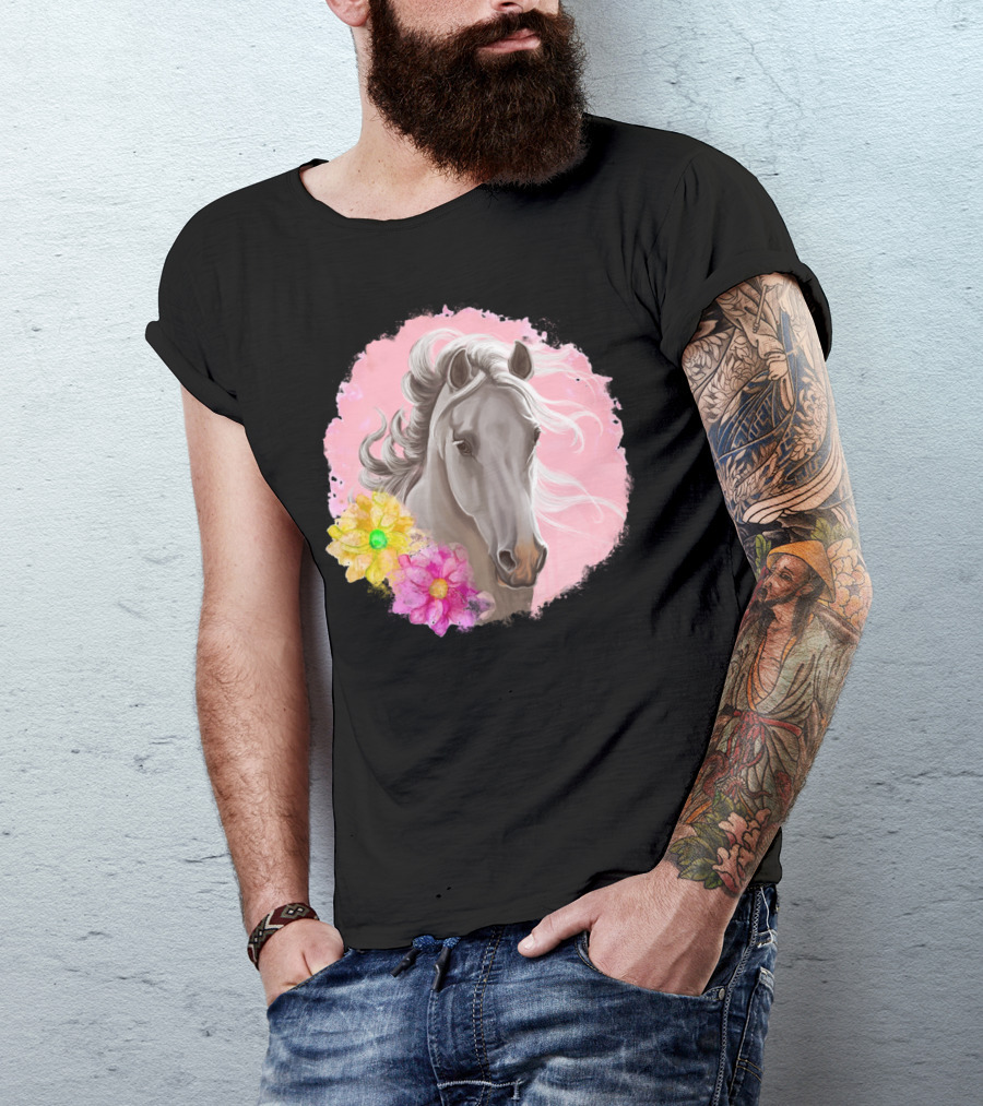 Gorgeous Horse With Vibrant Flowers On Pink Background T-Shirt