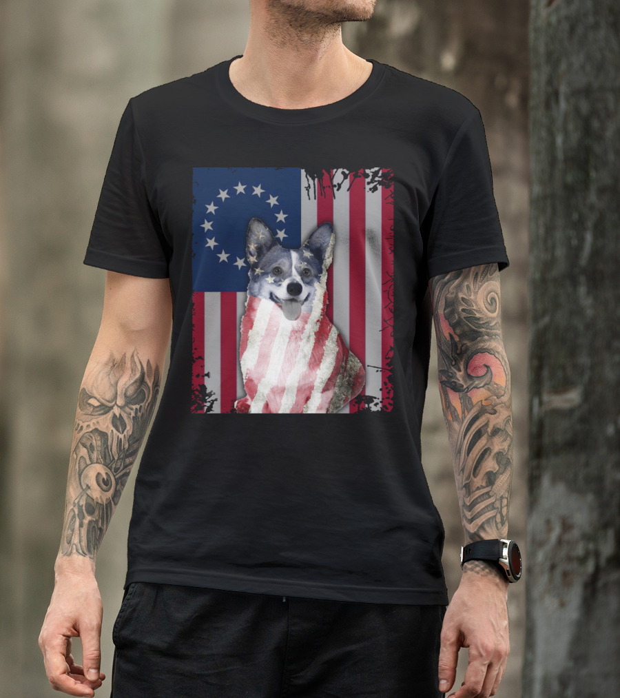 Corgi Betsy Ross US American Flag Costume With Stars And Stripes Background T-Shirt