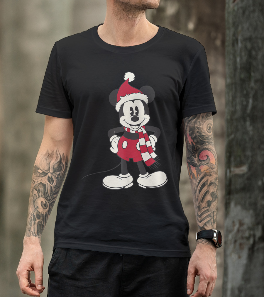 Disney Mickey Mouse Christmas Santa Hat And Scarf T-Shirt