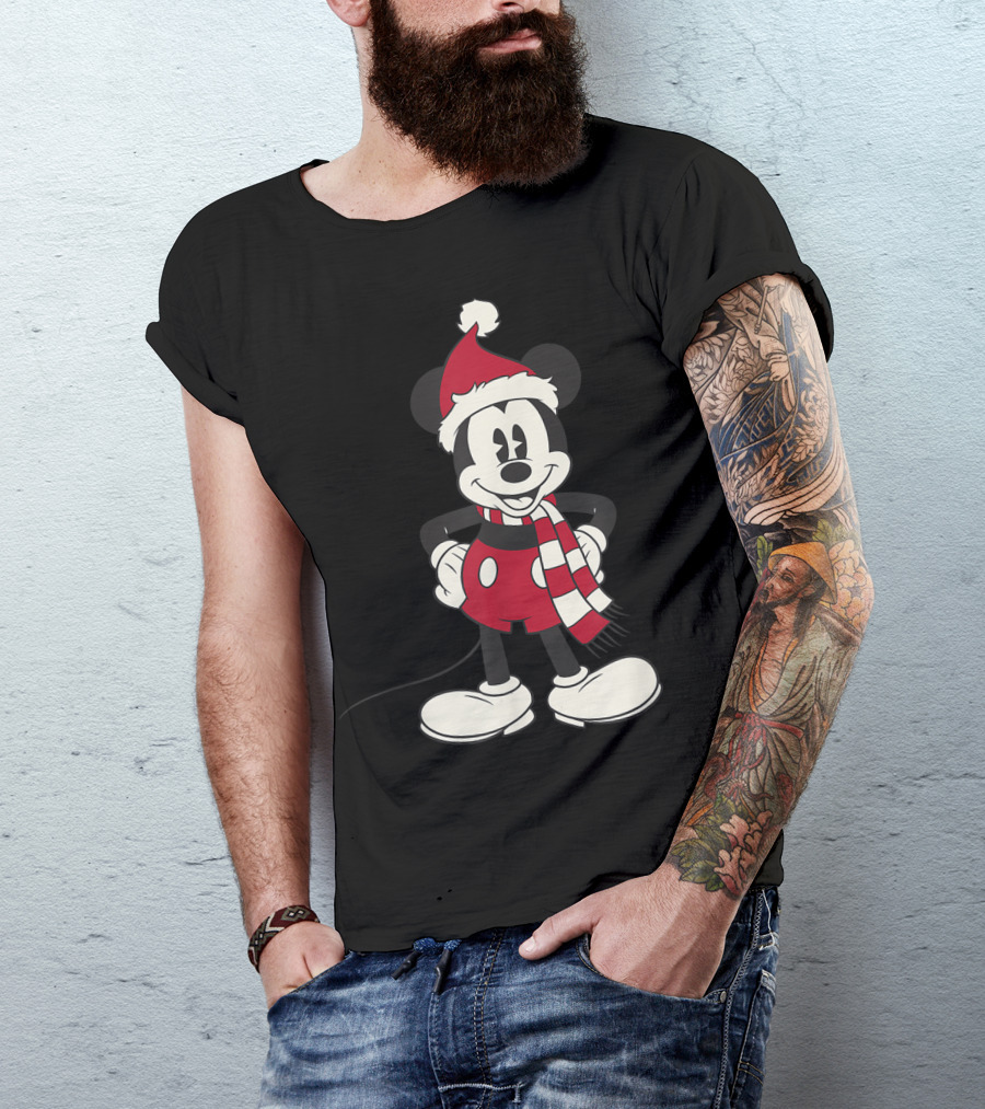 Disney Mickey Mouse Christmas Santa Hat And Scarf T-Shirt
