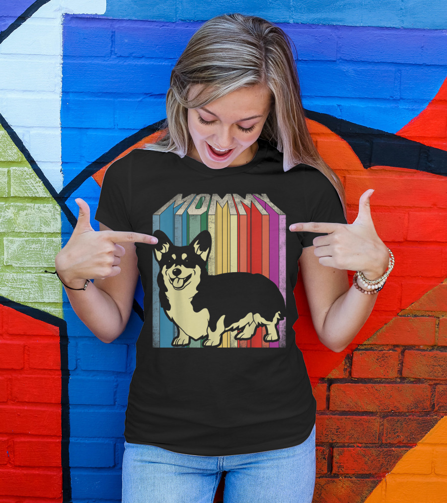 MOMMY Corgi Dog Vintage Rainbow Stripes T-Shirt