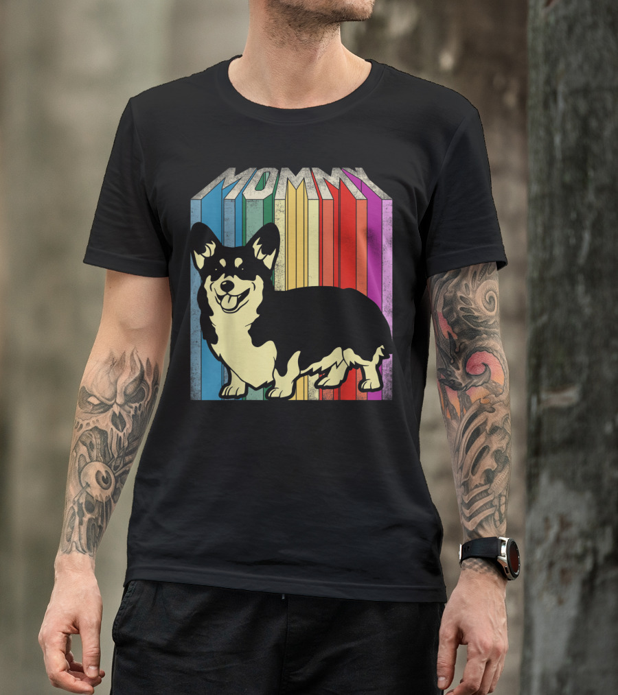 MOMMY Corgi Dog Vintage Rainbow Stripes T-Shirt