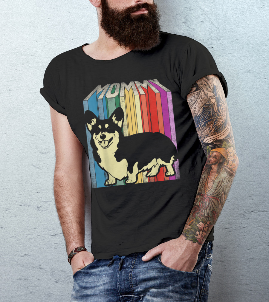 MOMMY Corgi Dog Vintage Rainbow Stripes T-Shirt