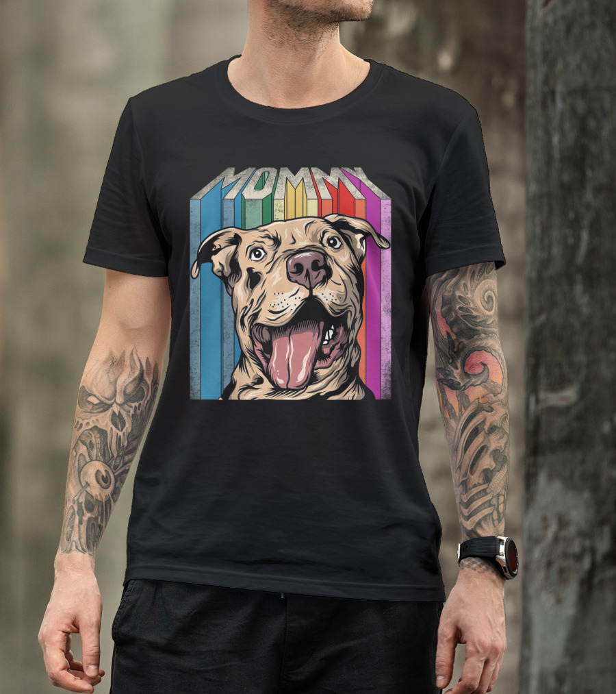 Mommy Pitbull Dog Retro Colorful Stripes T-Shirt