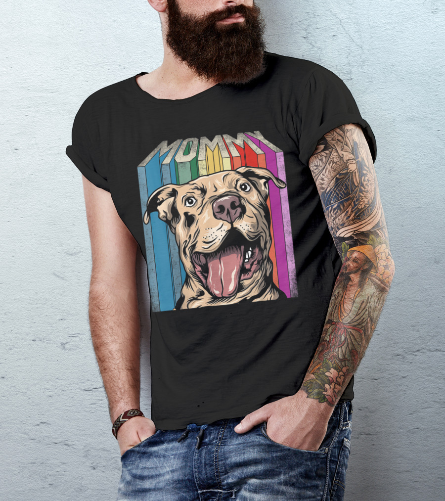 Mommy Pitbull Dog Retro Colorful Stripes T-Shirt