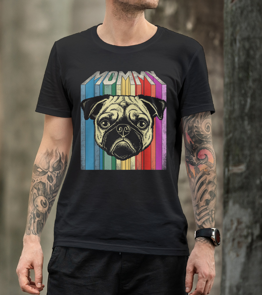 Mommy Pug Dog Retro Rainbow Stripes T-Shirt