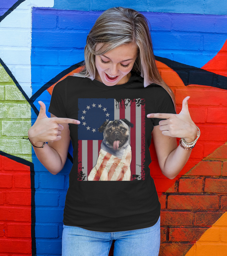 Pug Betsy Ross American Flag Costume Patriotic US Flag T-Shirt