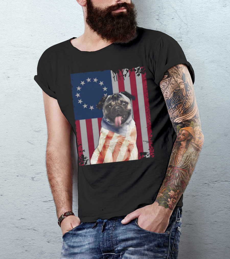 Pug Betsy Ross American Flag Costume Patriotic US Flag T-Shirt