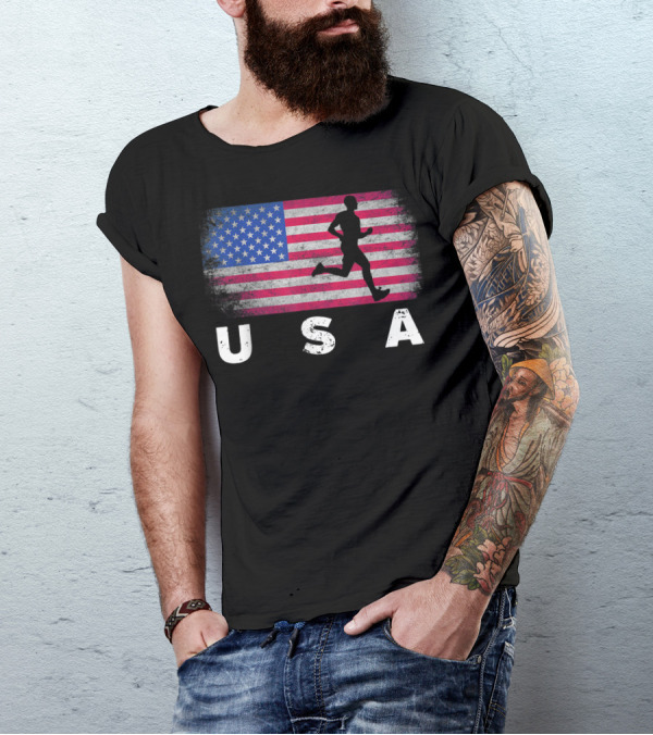 USA American Flag Track Field Running T-Shirt