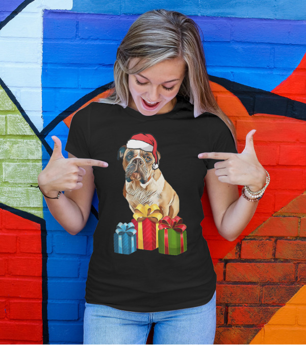 Bulldog With Santa Hat And Holiday Gifts T-Shirt