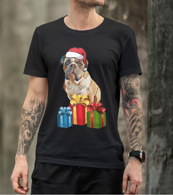 Bulldog With Santa Hat And Holiday Gifts T-Shirt
