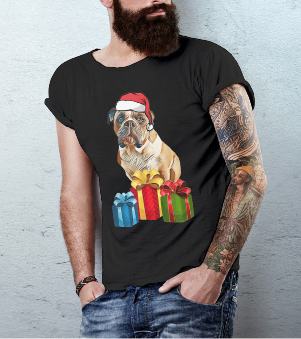 Bulldog With Santa Hat And Holiday Gifts T-Shirt