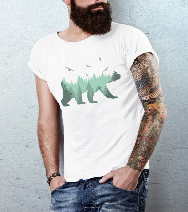Bear Forest Silhouette With Trees And Eagles In The Woods T-Shirt