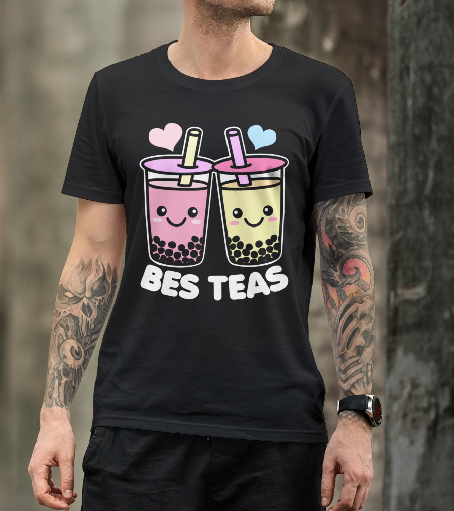 Bes Teas Cute Kawaii Boba Drinks Pink Yellow Hearts T-Shirt