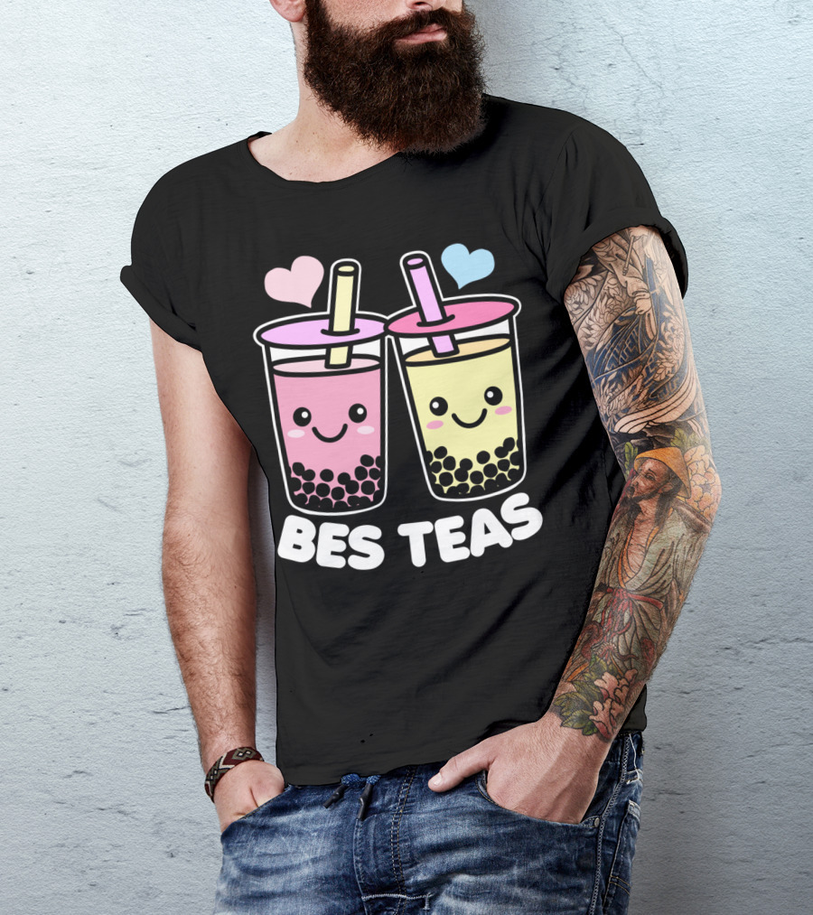 Bes Teas Cute Kawaii Boba Drinks Pink Yellow Hearts T-Shirt