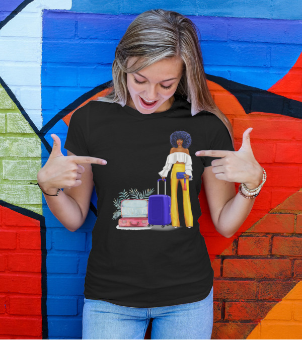 Black Woman Catch Flights Not Feelings Luggage Curls Yellow Pants Fashion T-Shirt