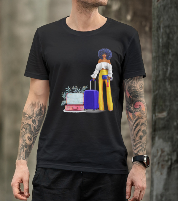 Black Woman Catch Flights Not Feelings Luggage Curls Yellow Pants Fashion T-Shirt