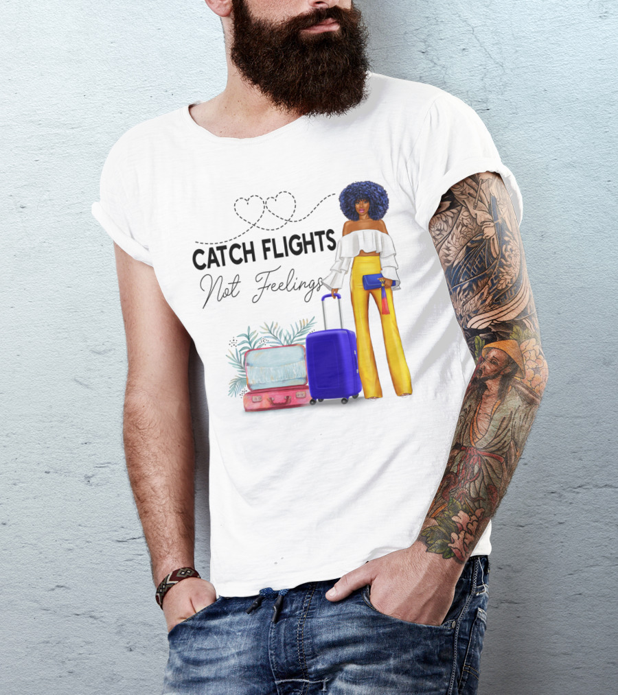Black Woman Catch Flights Not Feelings Luggage Curls Yellow Pants Fashion T-Shirt