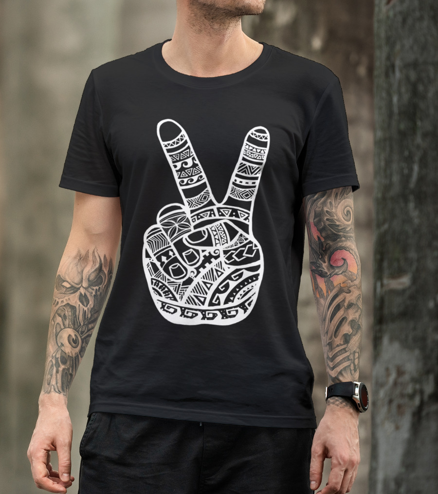 Boho Tiki Tattoo Polynesian Peace Sign Hand T-Shirt