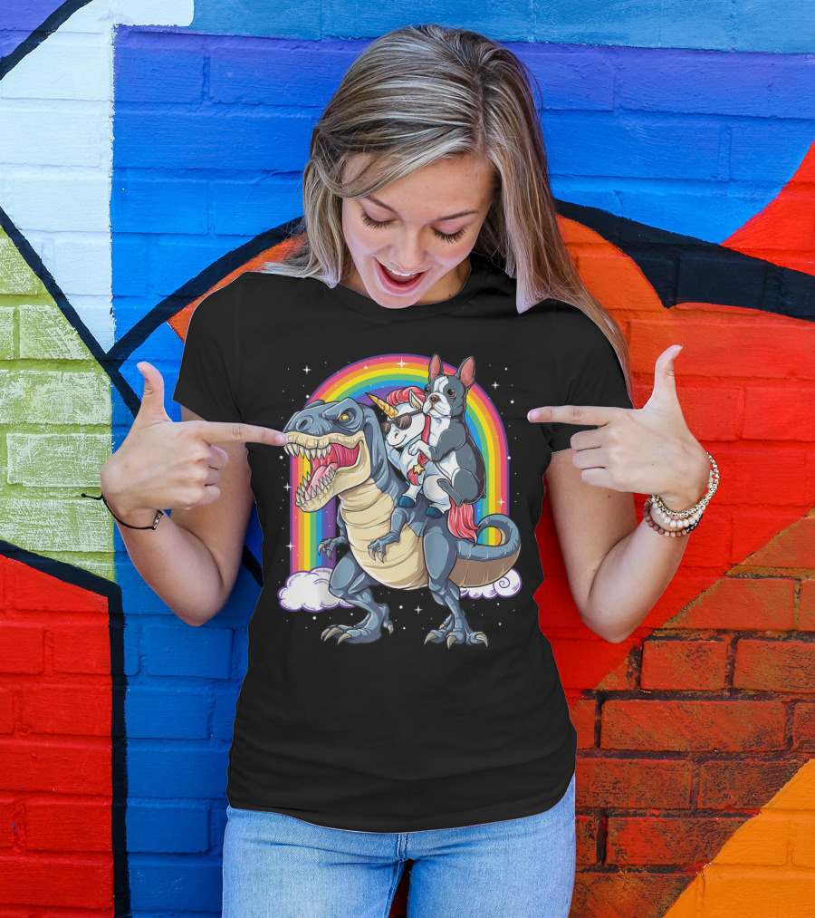 Boston Terrier And Unicorn Riding T-Rex T-Shirt