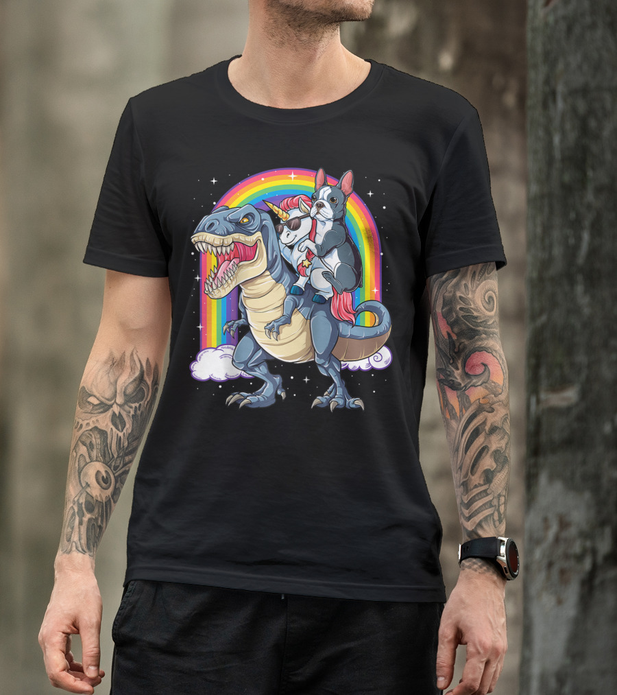 Boston Terrier And Unicorn Riding T-Rex T-Shirt