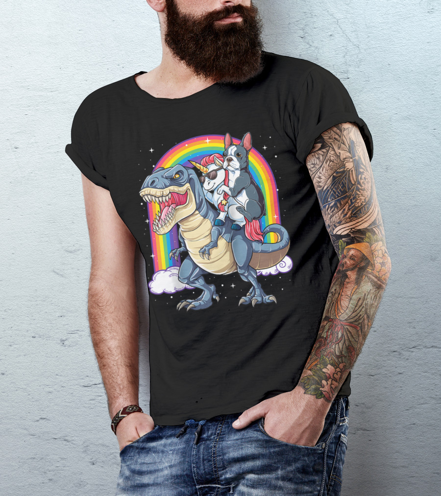 Boston Terrier And Unicorn Riding T-Rex T-Shirt