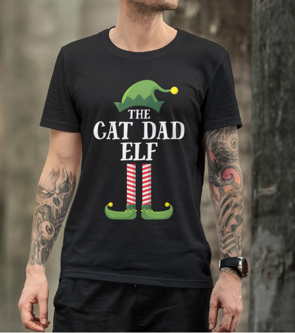 The Cat Dad Elf Matching Family Group Christmas Pajama Holiday T-Shirt