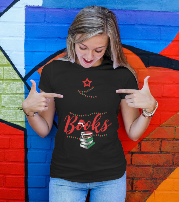 Dashing Through The Books Christmas Tree With Stack Of Books And Santa Hat T-Shirt