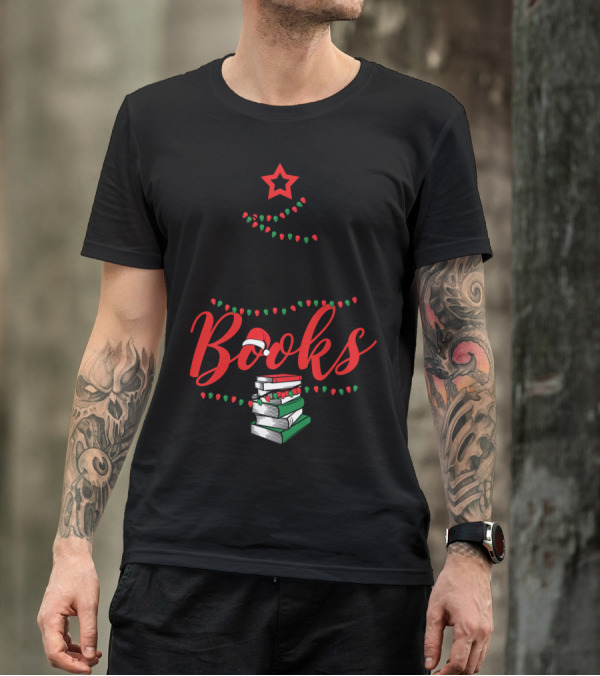 Dashing Through The Books Christmas Tree With Stack Of Books And Santa Hat T-Shirt
