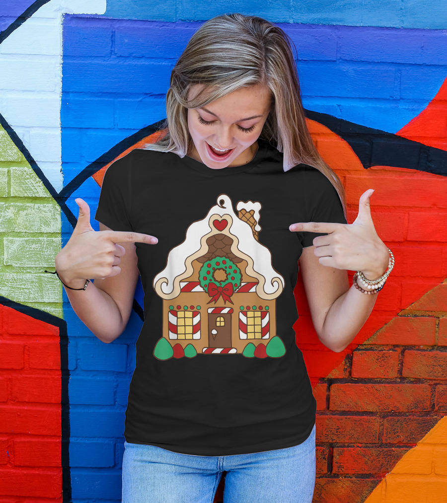 Christmas Gingerbread House With Candy Cane And Wreath T-Shirt