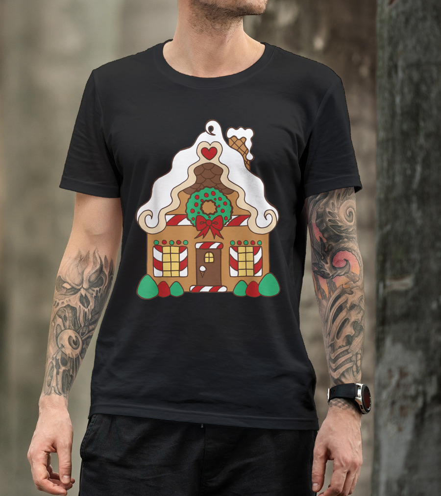 Christmas Gingerbread House With Candy Cane And Wreath T-Shirt