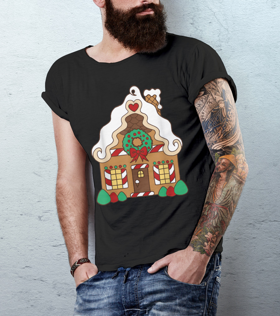 Christmas Gingerbread House With Candy Cane And Wreath T-Shirt