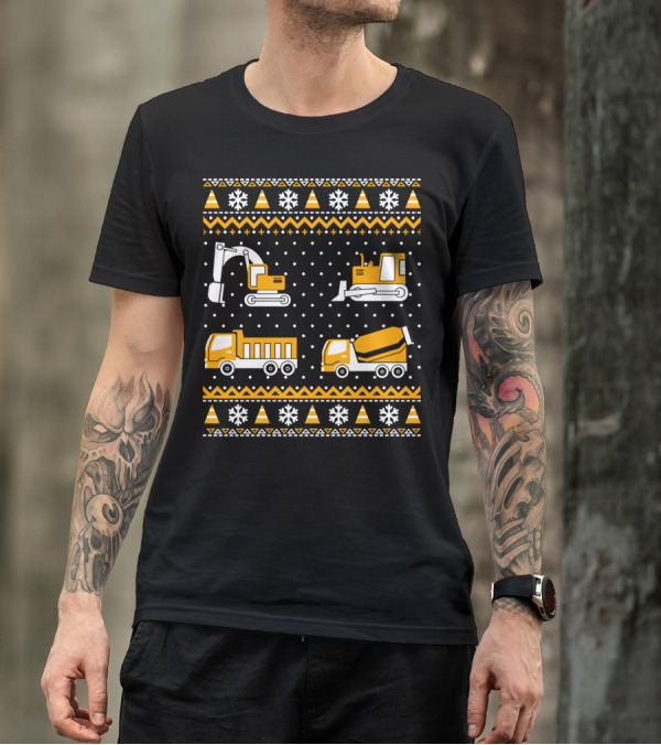 Construction Excavator Bulldozer Dump Truck Cement Mixer Snowflakes T-Shirt