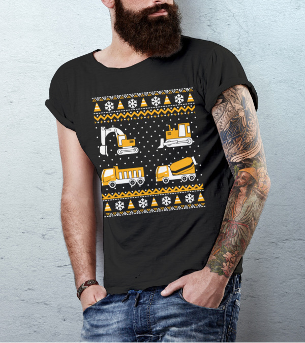 Construction Excavator Bulldozer Dump Truck Cement Mixer Snowflakes T-Shirt