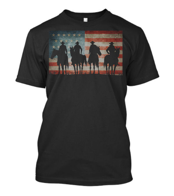 Cowboy Silhouettes Against American Flag For Patriotic 4th Of July T-Shirt